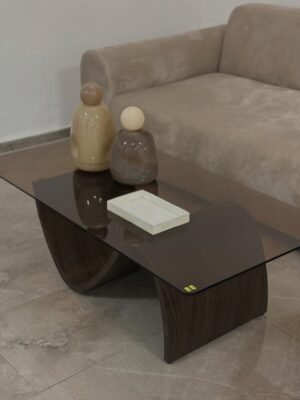 שולחן סלון אגוז זכוכית אמבר